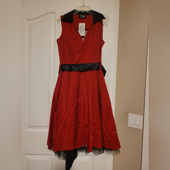 HEARTS & ROSES LONDON | Red & Black Polka Dot A-Line Dress - Picture 7 of 7